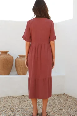 Madalena Midi Dress - Mandarin Collar Buttoned Bodice Smock Dress in Terracotta><noscript><img width=