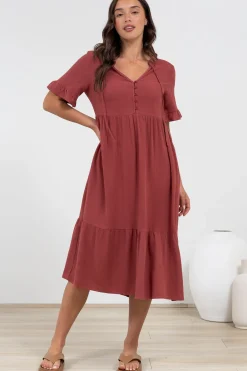 Madalena Midi Dress - Mandarin Collar Buttoned Bodice Smock Dress in Terracotta><noscript><img width=