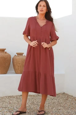 Madalena Midi Dress - Mandarin Collar Buttoned Bodice Smock Dress in Terracotta><noscript><img width=
