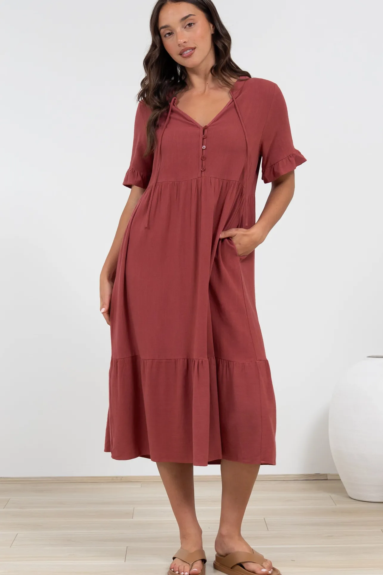 Madalena Midi Dress - Mandarin Collar Buttoned Bodice Smock Dress in Terracotta>Salty Crush