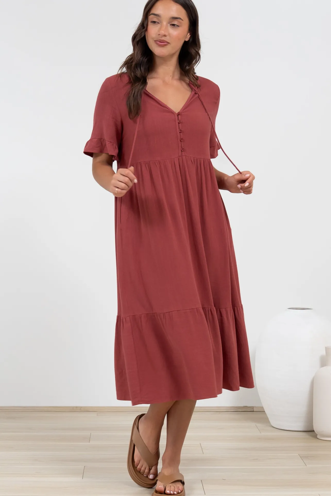 Madalena Midi Dress - Mandarin Collar Buttoned Bodice Smock Dress in Terracotta>Salty Crush
