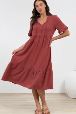 Madalena Midi Dress - Mandarin Collar Buttoned Bodice Smock Dress in Terracotta><noscript><img width=