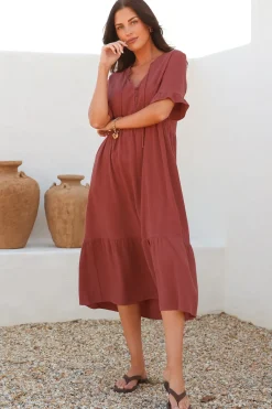 Madalena Midi Dress - Mandarin Collar Buttoned Bodice Smock Dress in Terracotta><noscript><img width=