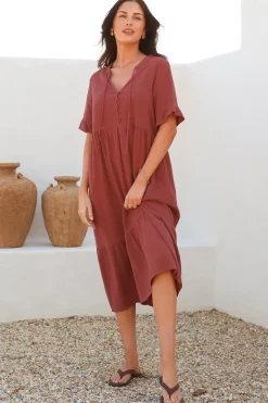 Madalena Midi Dress - Mandarin Collar Buttoned Bodice Smock Dress in Terracotta><noscript><img width=