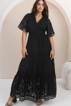 Madeline Maxi Dress - Lace Trim Embroidered A Line Dress in Black>Salty Crush Sale