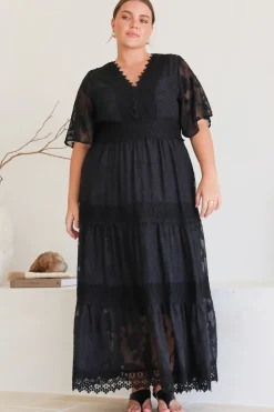 Madeline Maxi Dress - Lace Trim Embroidered A Line Dress in Black>Salty Crush Sale