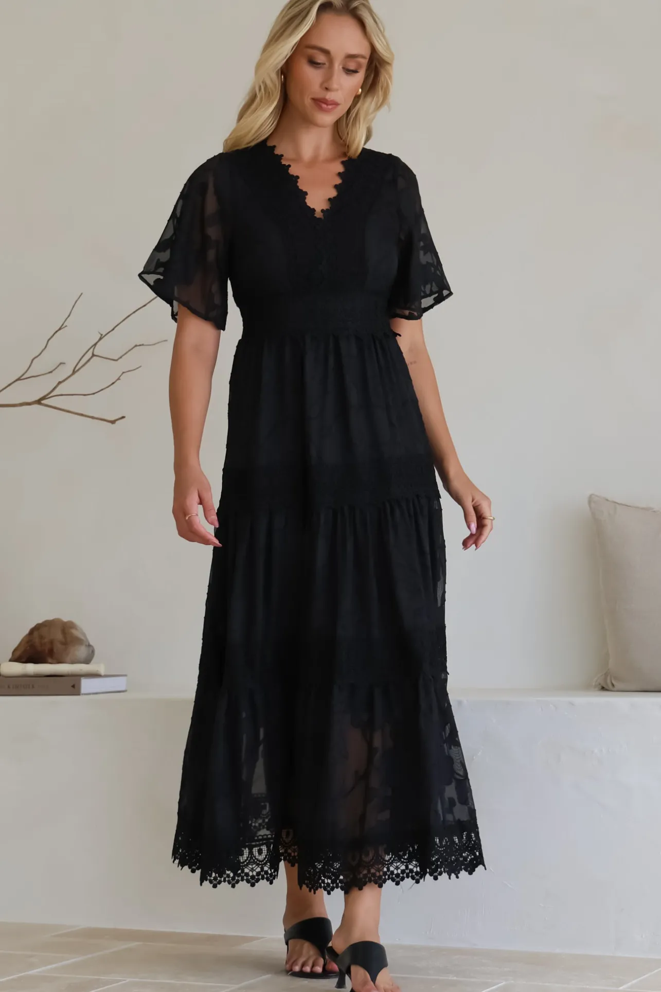 Madeline Maxi Dress - Lace Trim Embroidered A Line Dress in Black>Salty Crush Sale