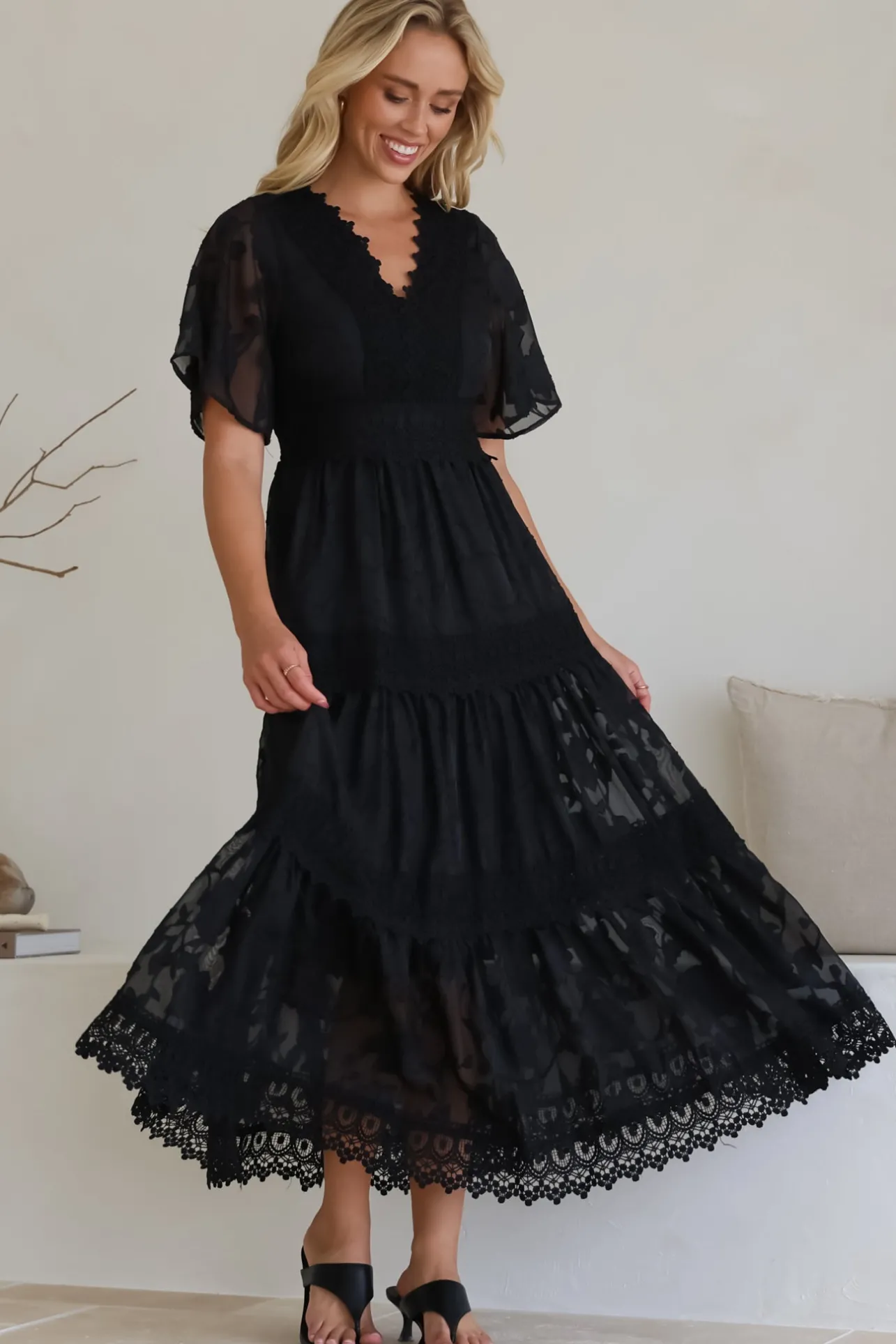 Madeline Maxi Dress - Lace Trim Embroidered A Line Dress in Black>Salty Crush Sale