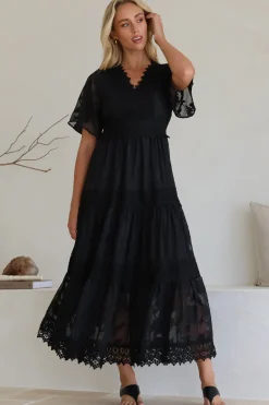 Madeline Maxi Dress - Lace Trim Embroidered A Line Dress in Black><noscript><img width=