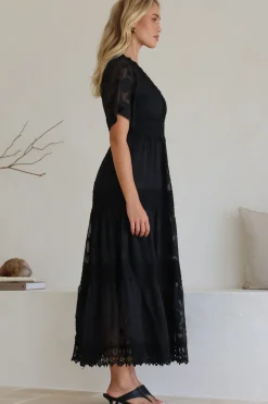 Madeline Maxi Dress - Lace Trim Embroidered A Line Dress in Black><noscript><img width=