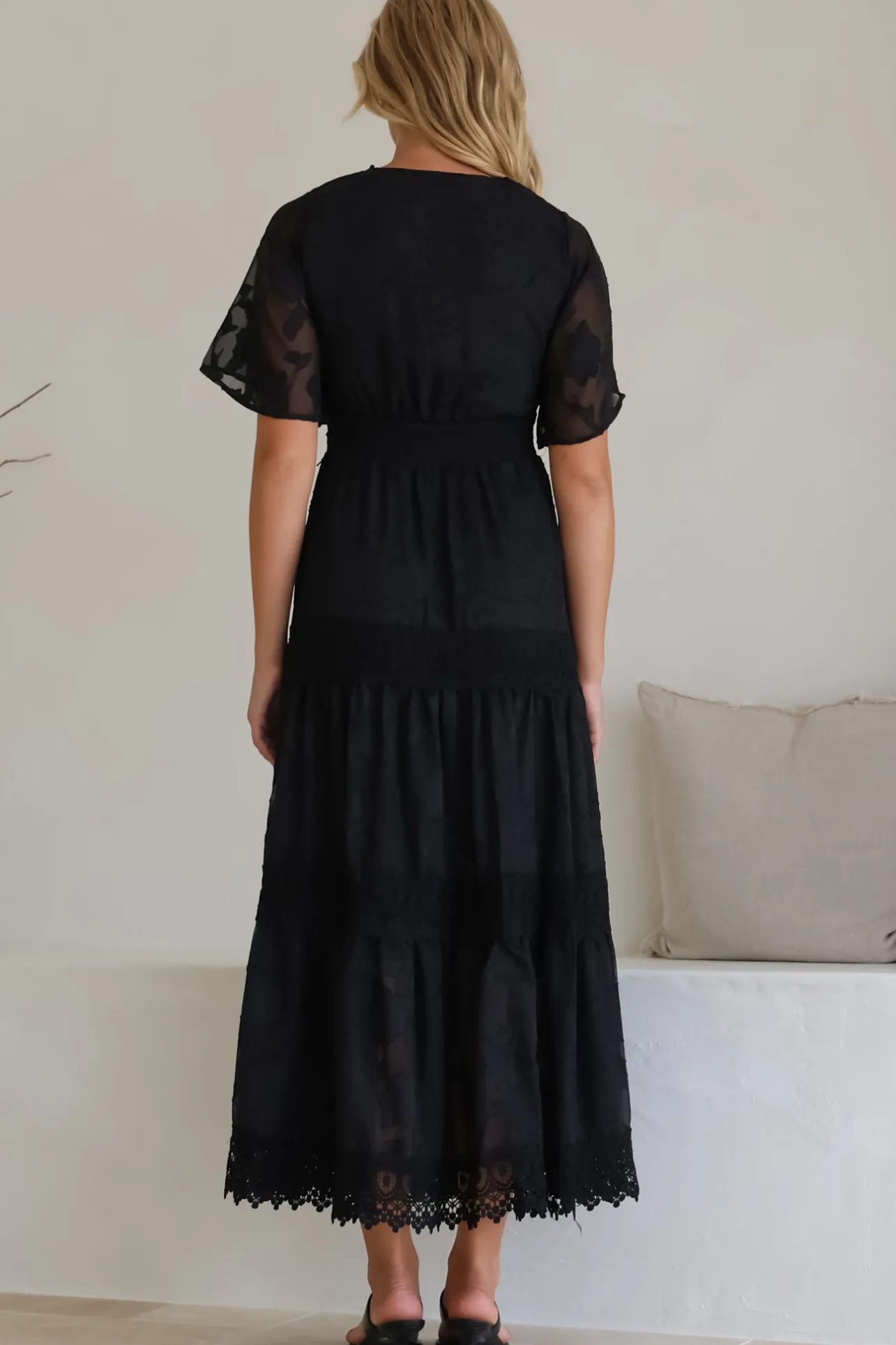 Madeline Maxi Dress - Lace Trim Embroidered A Line Dress in Black>Salty Crush Sale