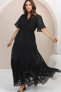 Madeline Maxi Dress - Lace Trim Embroidered A Line Dress in Black><noscript><img width=