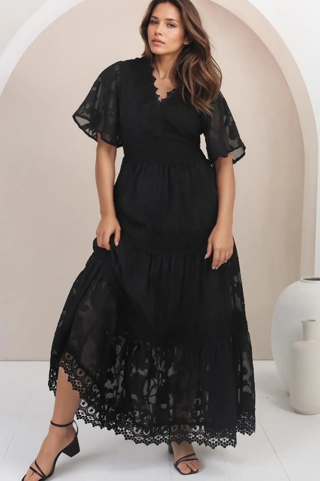 Madeline Maxi Dress - Lace Trim Embroidered A Line Dress in Black>Salty Crush Sale