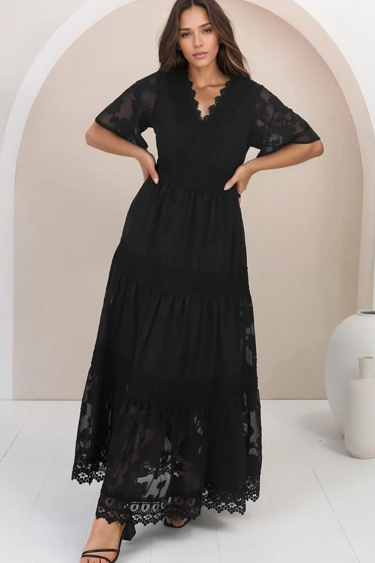 Madeline Maxi Dress - Lace Trim Embroidered A Line Dress in Black>Salty Crush Sale
