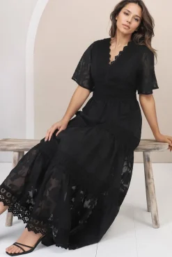 Madeline Maxi Dress - Lace Trim Embroidered A Line Dress in Black><noscript><img width=