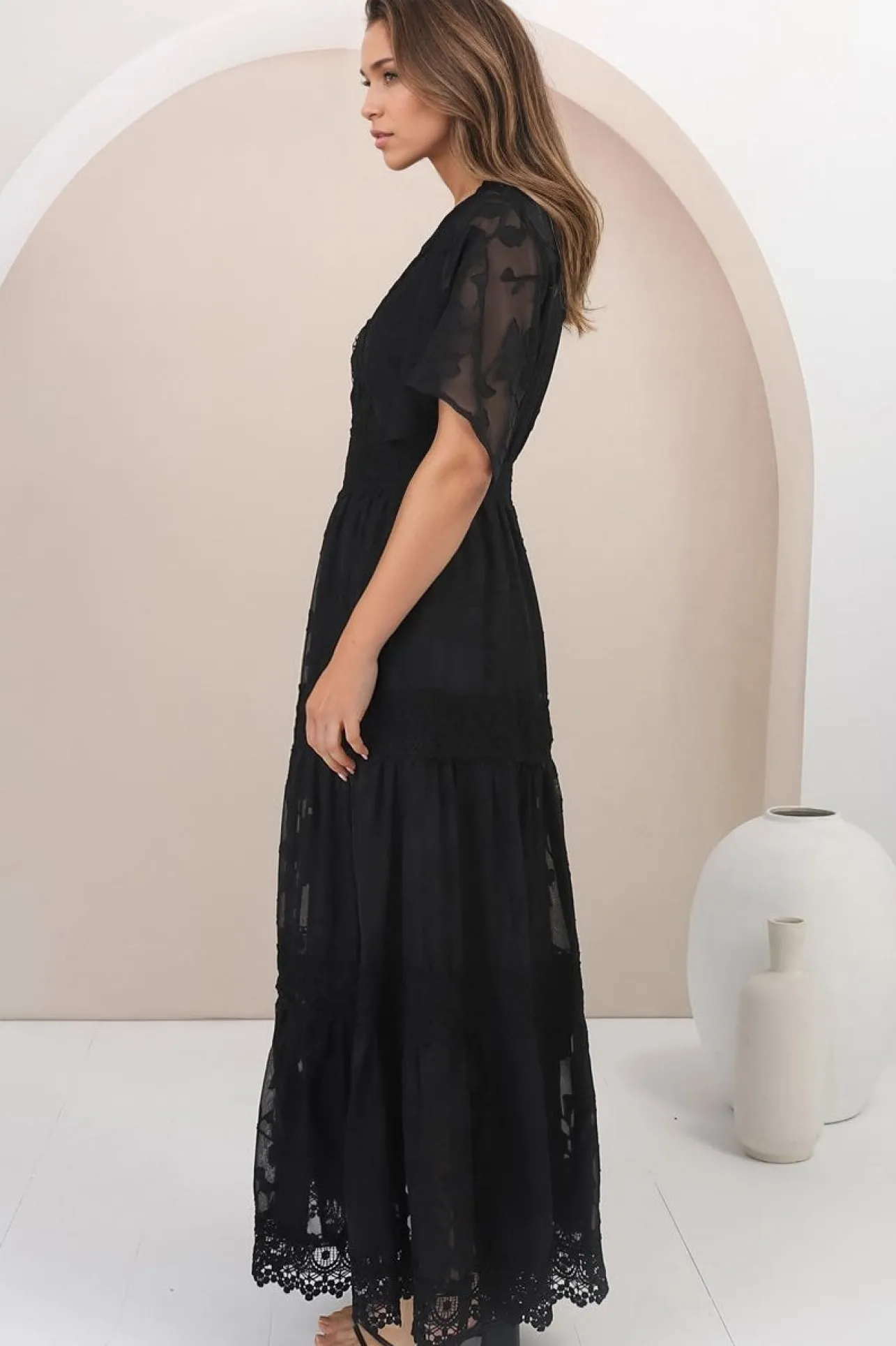 Madeline Maxi Dress - Lace Trim Embroidered A Line Dress in Black>Salty Crush Sale