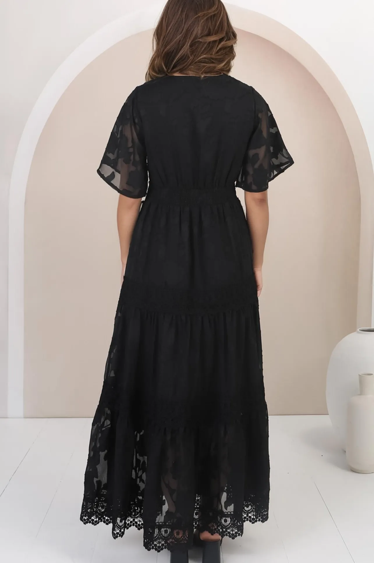 Madeline Maxi Dress - Lace Trim Embroidered A Line Dress in Black>Salty Crush Sale