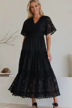 Madeline Maxi Dress - Lace Trim Embroidered A Line Dress in Black><noscript><img width=