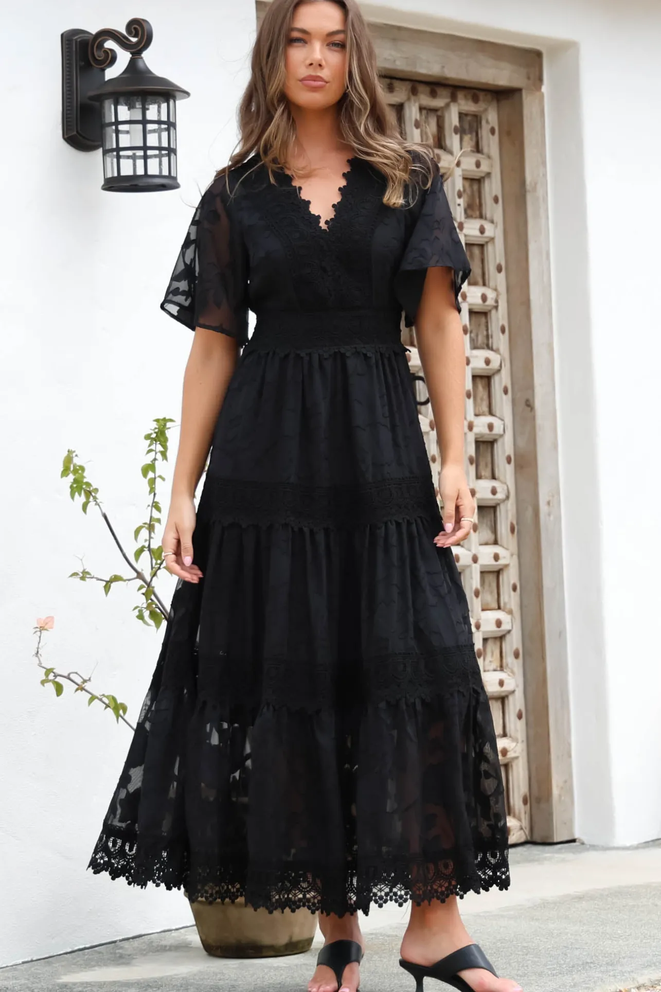 Madeline Maxi Dress - Lace Trim Embroidered A Line Dress in Black>Salty Crush Sale