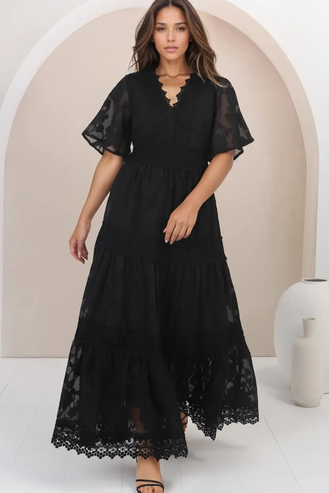 Madeline Maxi Dress - Lace Trim Embroidered A Line Dress in Black>Salty Crush Sale
