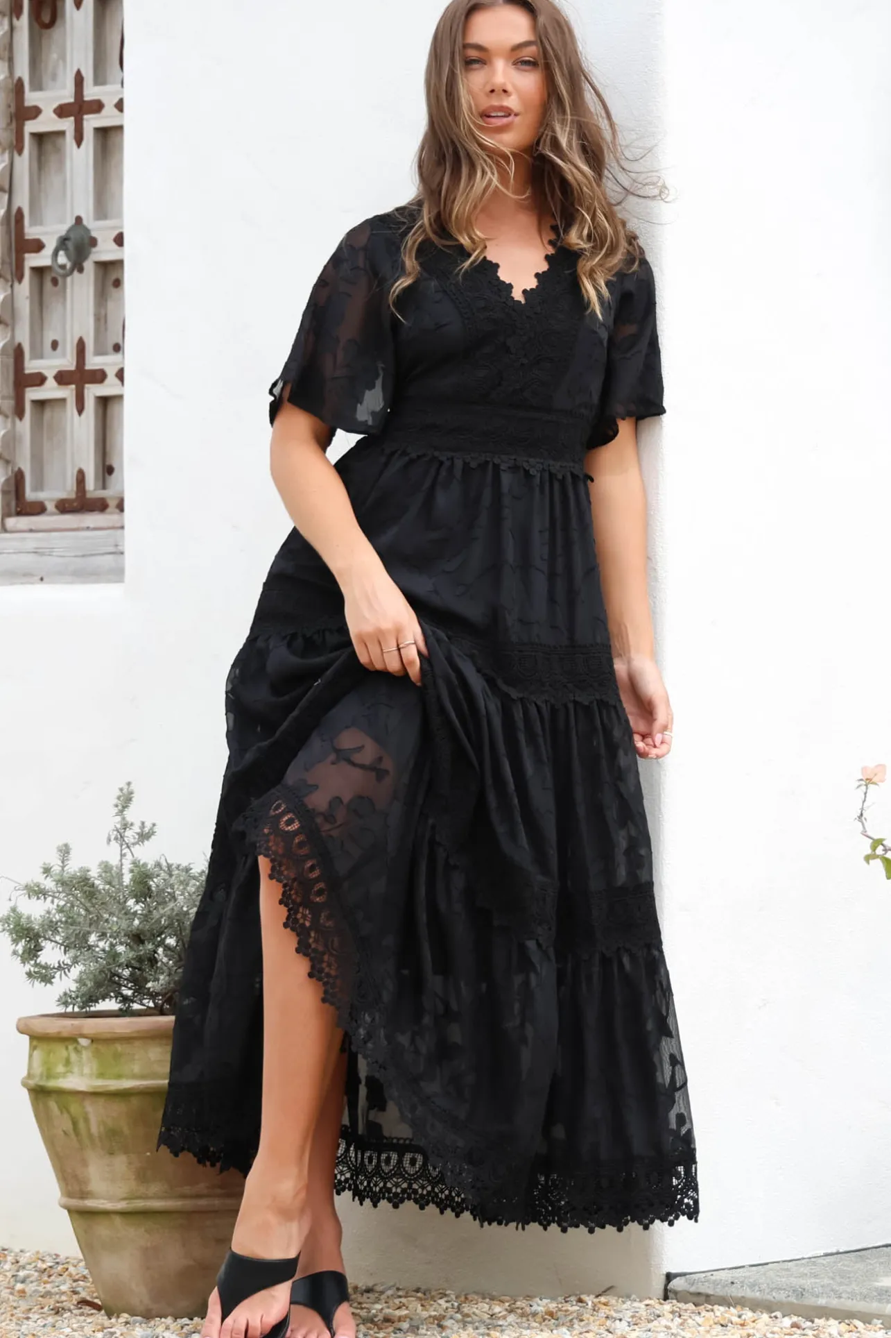 Madeline Maxi Dress - Lace Trim Embroidered A Line Dress in Black>Salty Crush Sale