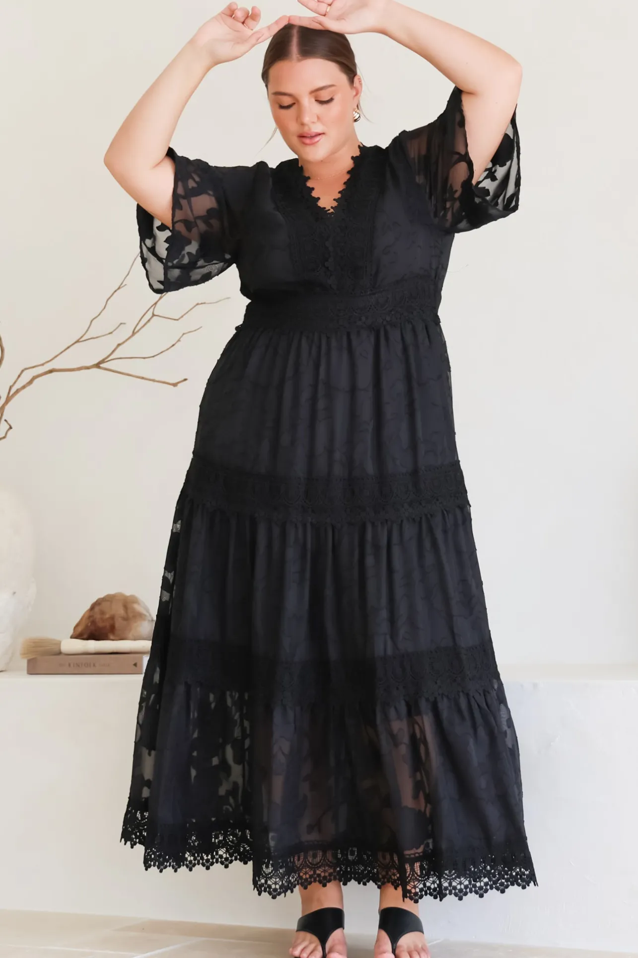 Madeline Maxi Dress - Lace Trim Embroidered A Line Dress in Black>Salty Crush Sale