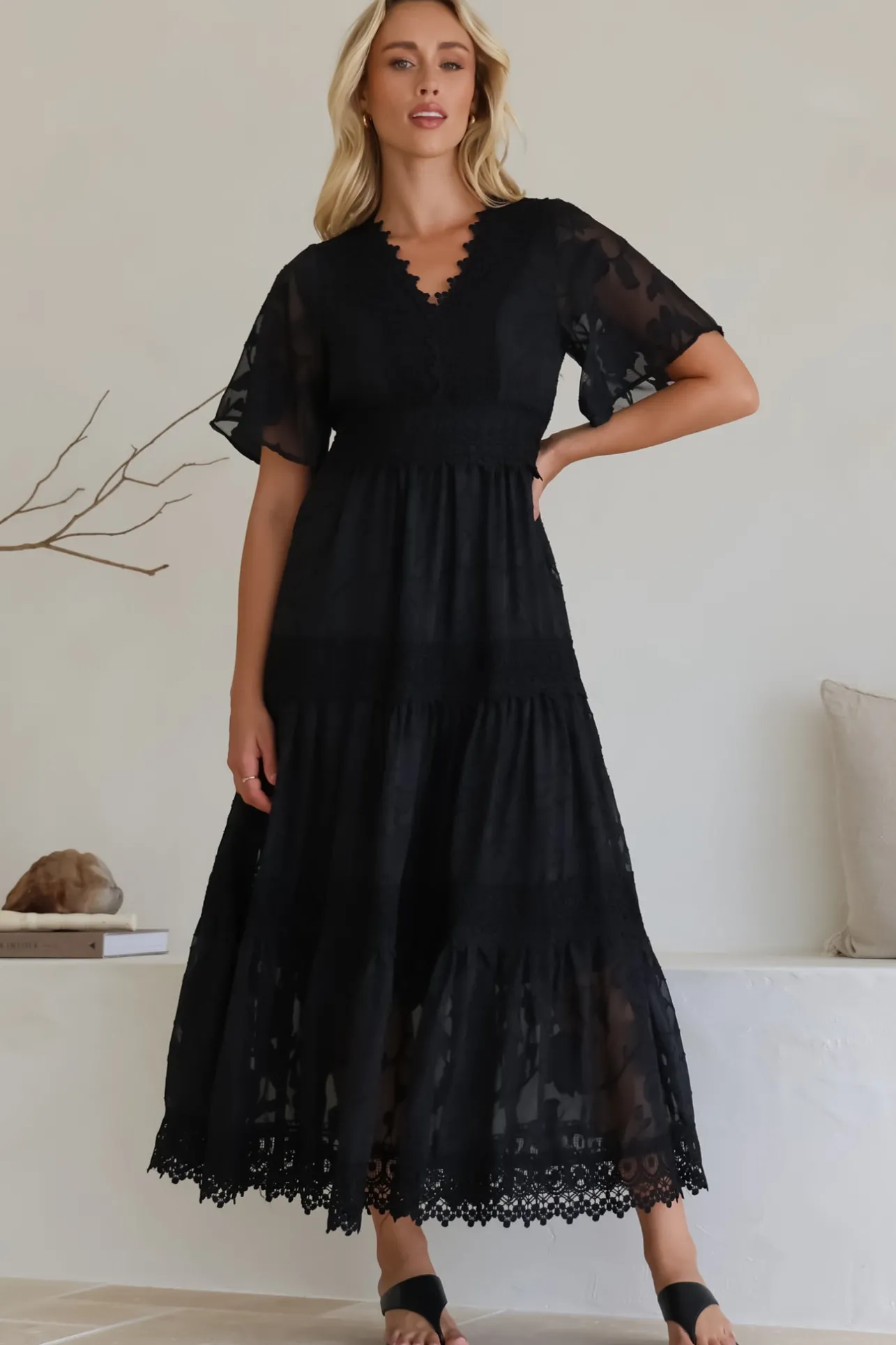 Madeline Maxi Dress - Lace Trim Embroidered A Line Dress in Black>Salty Crush Sale