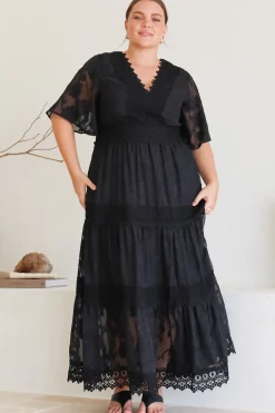 Madeline Maxi Dress - Lace Trim Embroidered A Line Dress in Black><noscript><img width=