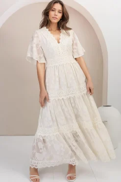 Madeline Maxi Dress - Lace Trim Embroidered A Line Dress in Cream>Salty Crush New