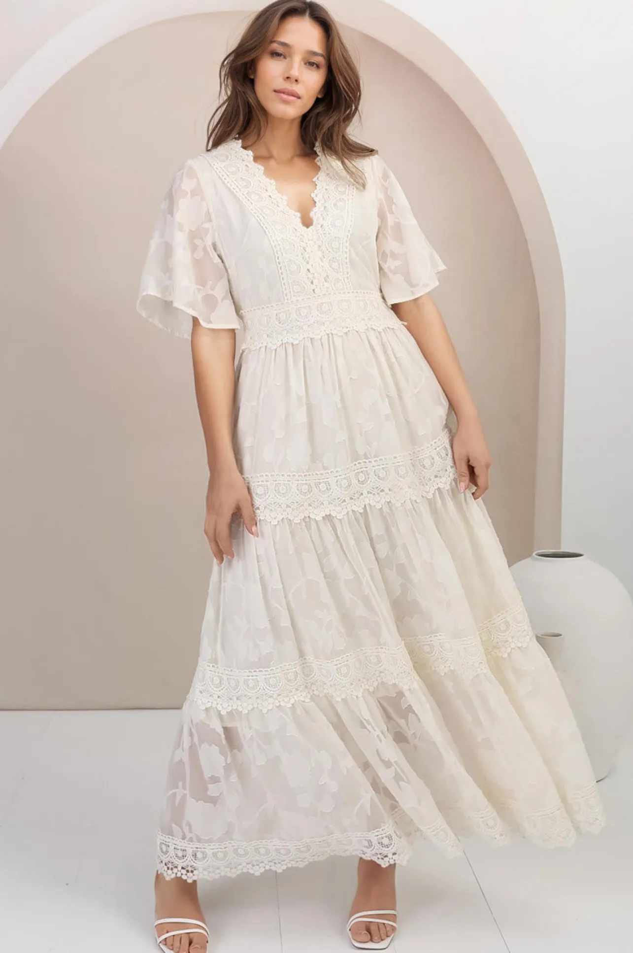 Madeline Maxi Dress - Lace Trim Embroidered A Line Dress in Cream>Salty Crush New