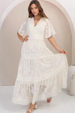 Madeline Maxi Dress - Lace Trim Embroidered A Line Dress in Cream><noscript><img width=