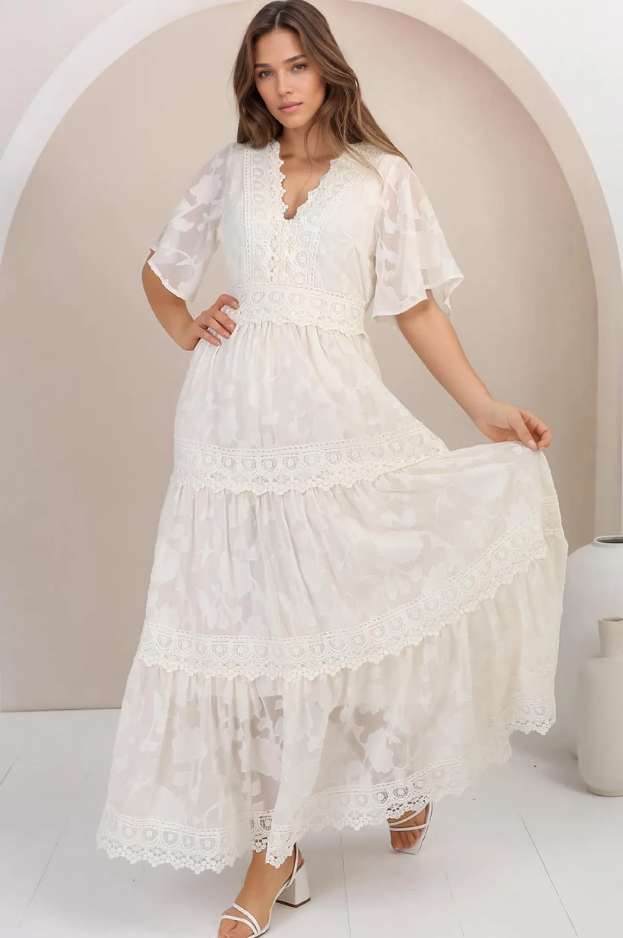 Madeline Maxi Dress - Lace Trim Embroidered A Line Dress in Cream>Salty Crush New