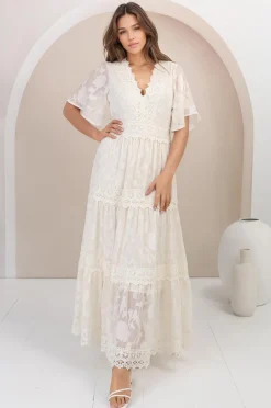 Madeline Maxi Dress - Lace Trim Embroidered A Line Dress in Cream><noscript><img width=
