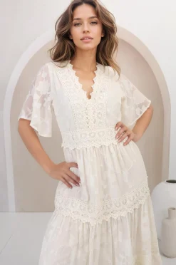 Madeline Maxi Dress - Lace Trim Embroidered A Line Dress in Cream><noscript><img width=