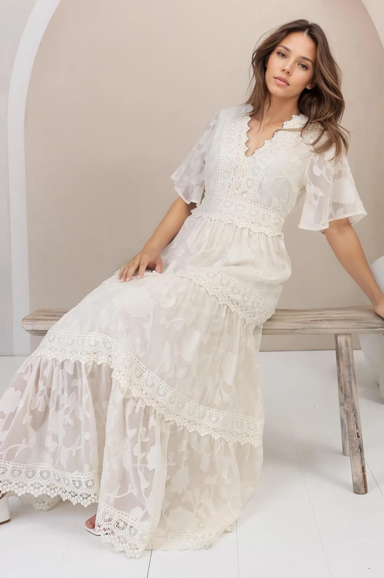 Madeline Maxi Dress - Lace Trim Embroidered A Line Dress in Cream>Salty Crush New