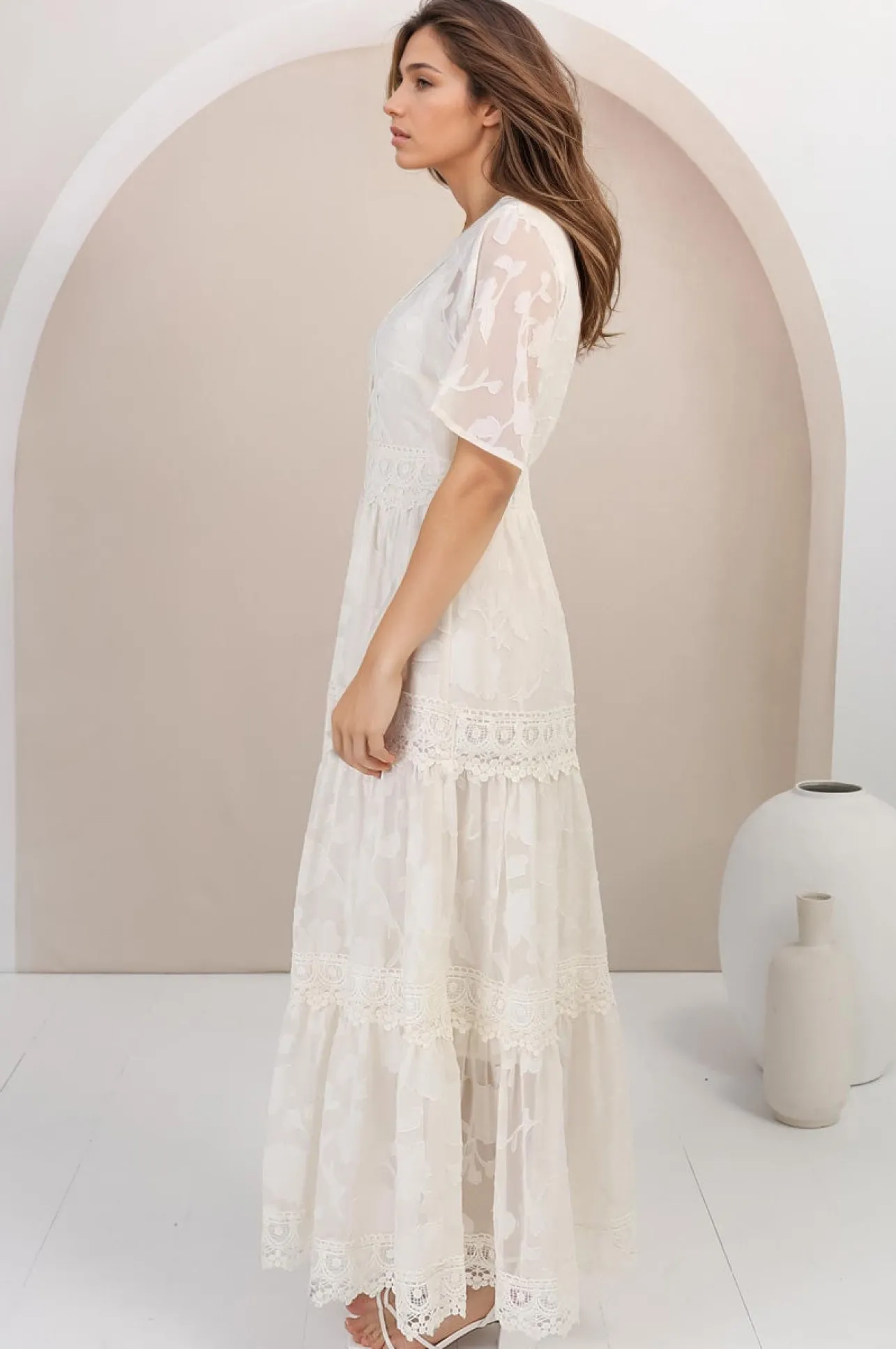 Madeline Maxi Dress - Lace Trim Embroidered A Line Dress in Cream>Salty Crush New