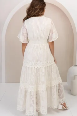 Madeline Maxi Dress - Lace Trim Embroidered A Line Dress in Cream><noscript><img width=