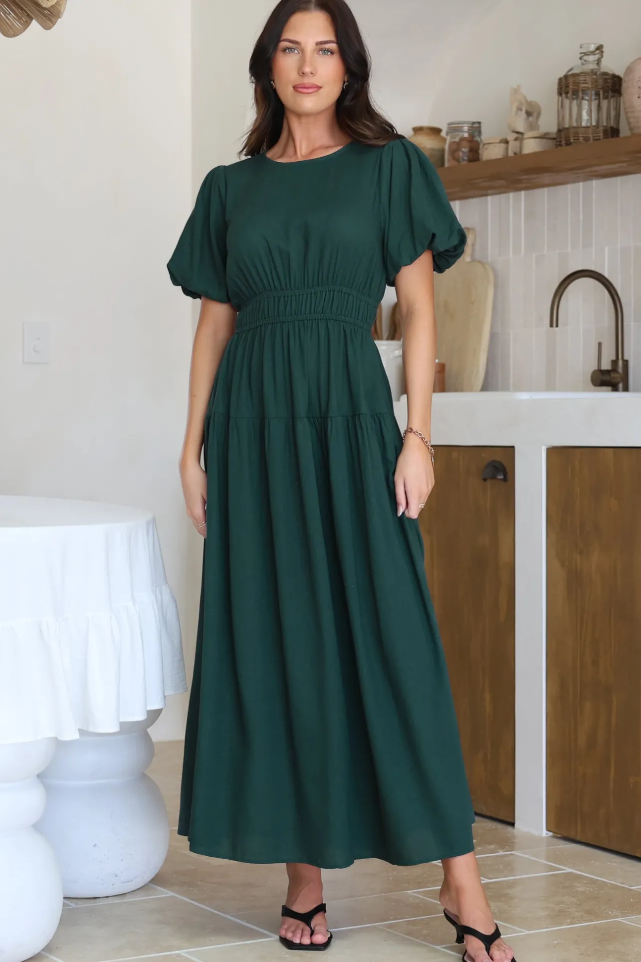 Maeana Maxi Dress - Short Balloon Sleeeve Elasticated Waist A Line Dress in Emerald>Salty Crush Sale