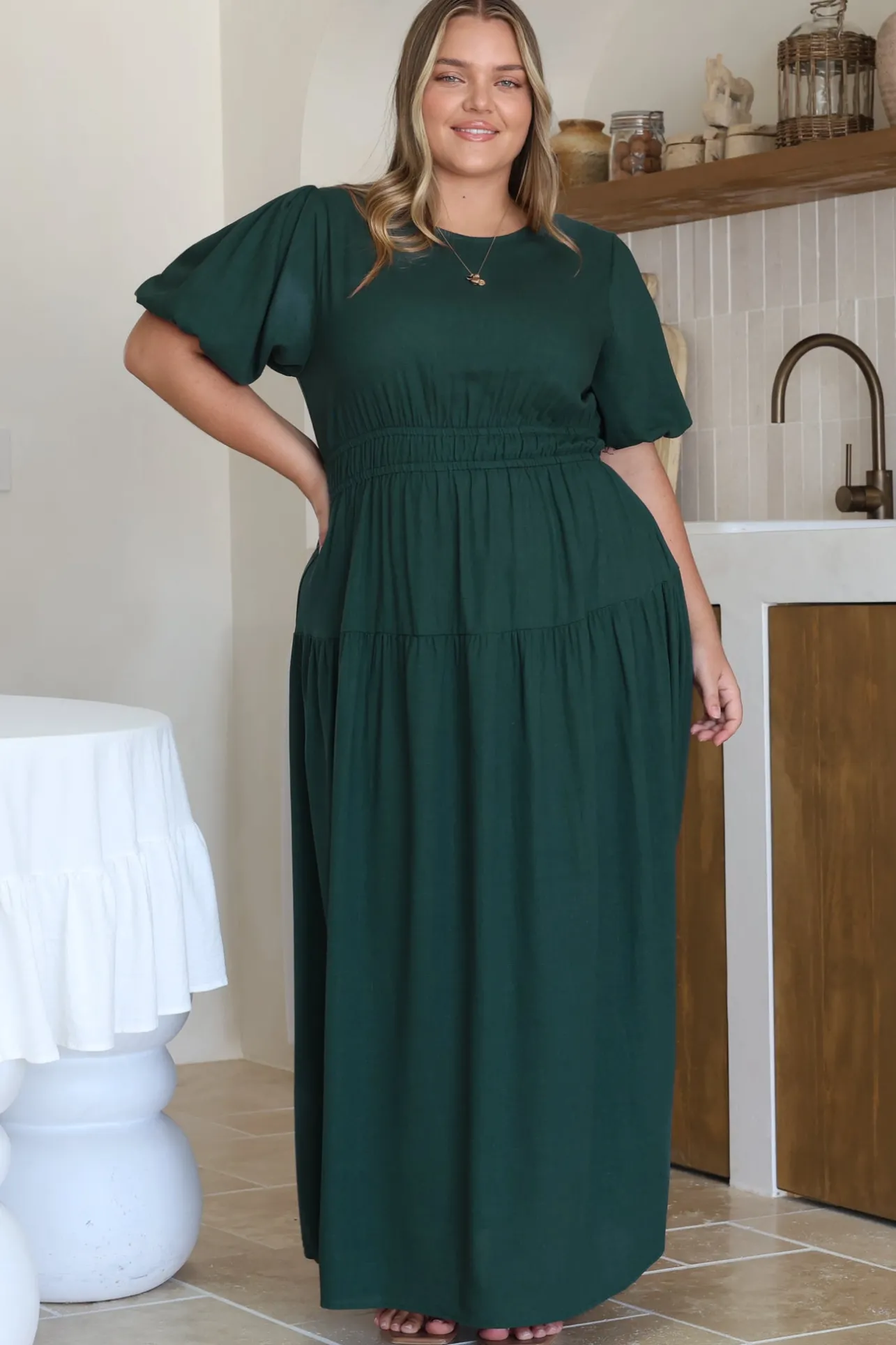Maeana Maxi Dress - Short Balloon Sleeeve Elasticated Waist A Line Dress in Emerald>Salty Crush Sale