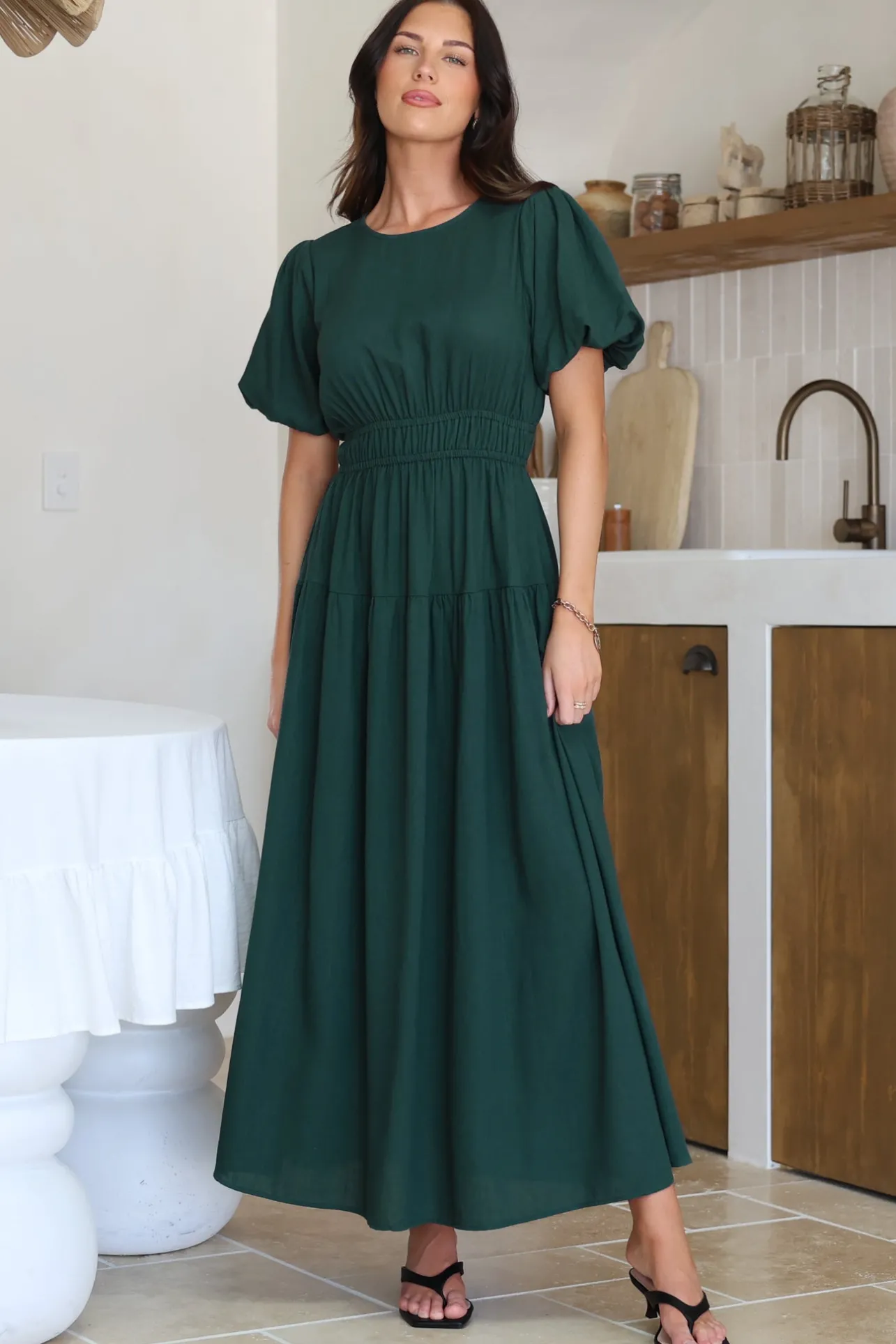 Maeana Maxi Dress - Short Balloon Sleeeve Elasticated Waist A Line Dress in Emerald>Salty Crush Sale