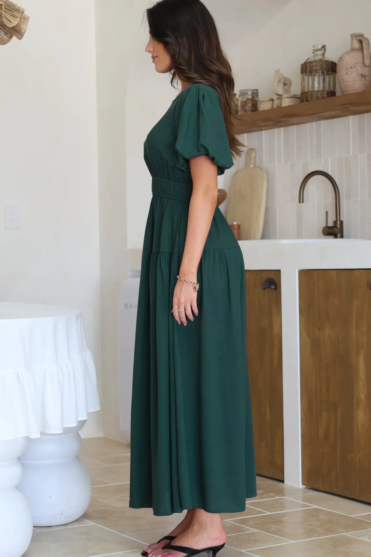 Maeana Maxi Dress - Short Balloon Sleeeve Elasticated Waist A Line Dress in Emerald>Salty Crush Sale