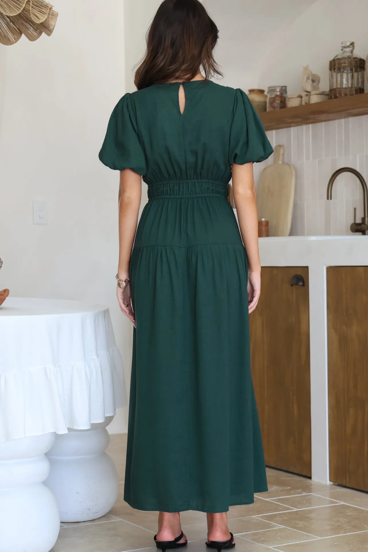 Maeana Maxi Dress - Short Balloon Sleeeve Elasticated Waist A Line Dress in Emerald>Salty Crush Sale