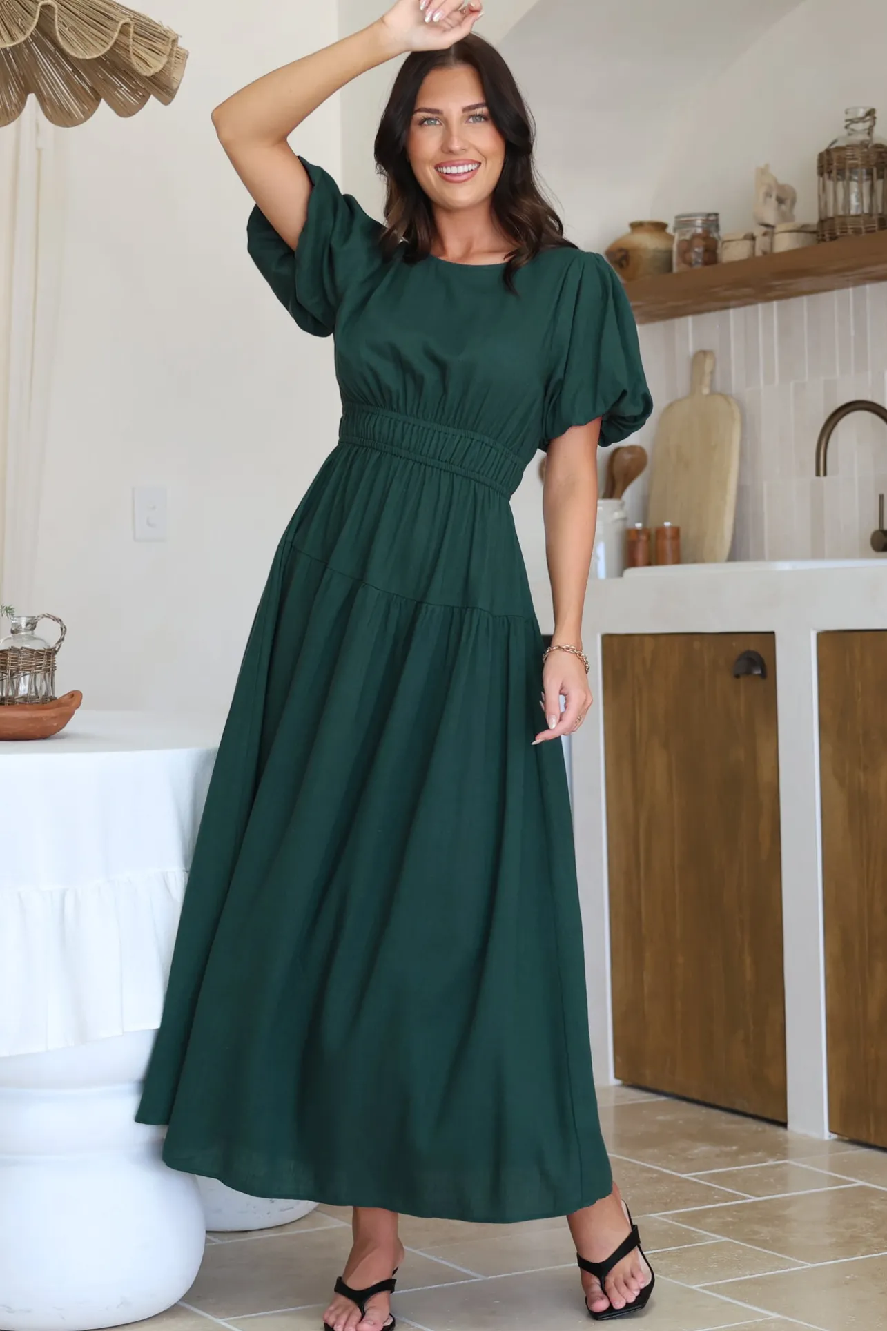 Maeana Maxi Dress - Short Balloon Sleeeve Elasticated Waist A Line Dress in Emerald>Salty Crush Sale