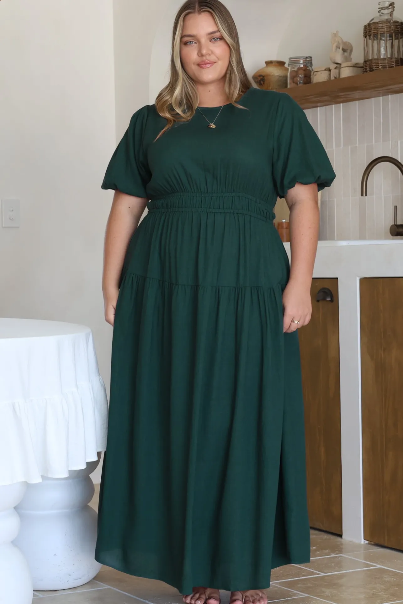 Maeana Maxi Dress - Short Balloon Sleeeve Elasticated Waist A Line Dress in Emerald>Salty Crush Sale