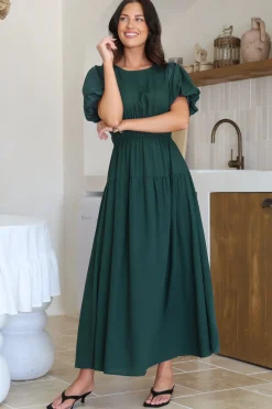 Maeana Maxi Dress - Short Balloon Sleeeve Elasticated Waist A Line Dress in Emerald><noscript><img width=