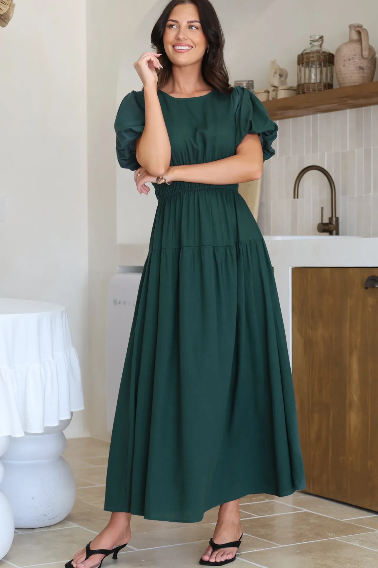 Maeana Maxi Dress - Short Balloon Sleeeve Elasticated Waist A Line Dress in Emerald>Salty Crush Sale