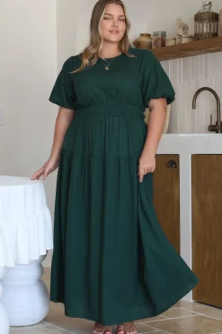 Maeana Maxi Dress - Short Balloon Sleeeve Elasticated Waist A Line Dress in Emerald><noscript><img width=