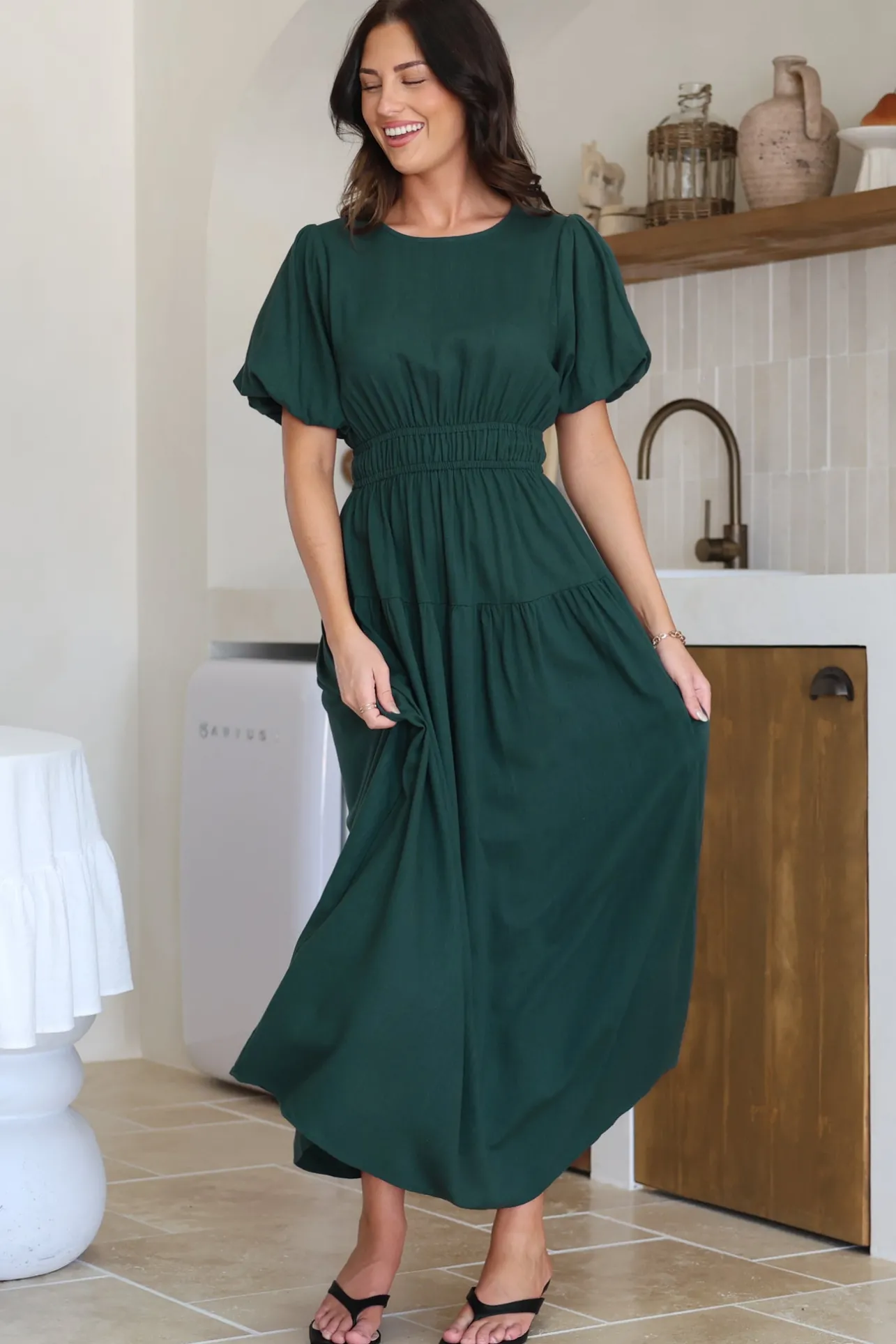 Maeana Maxi Dress - Short Balloon Sleeeve Elasticated Waist A Line Dress in Emerald>Salty Crush Sale
