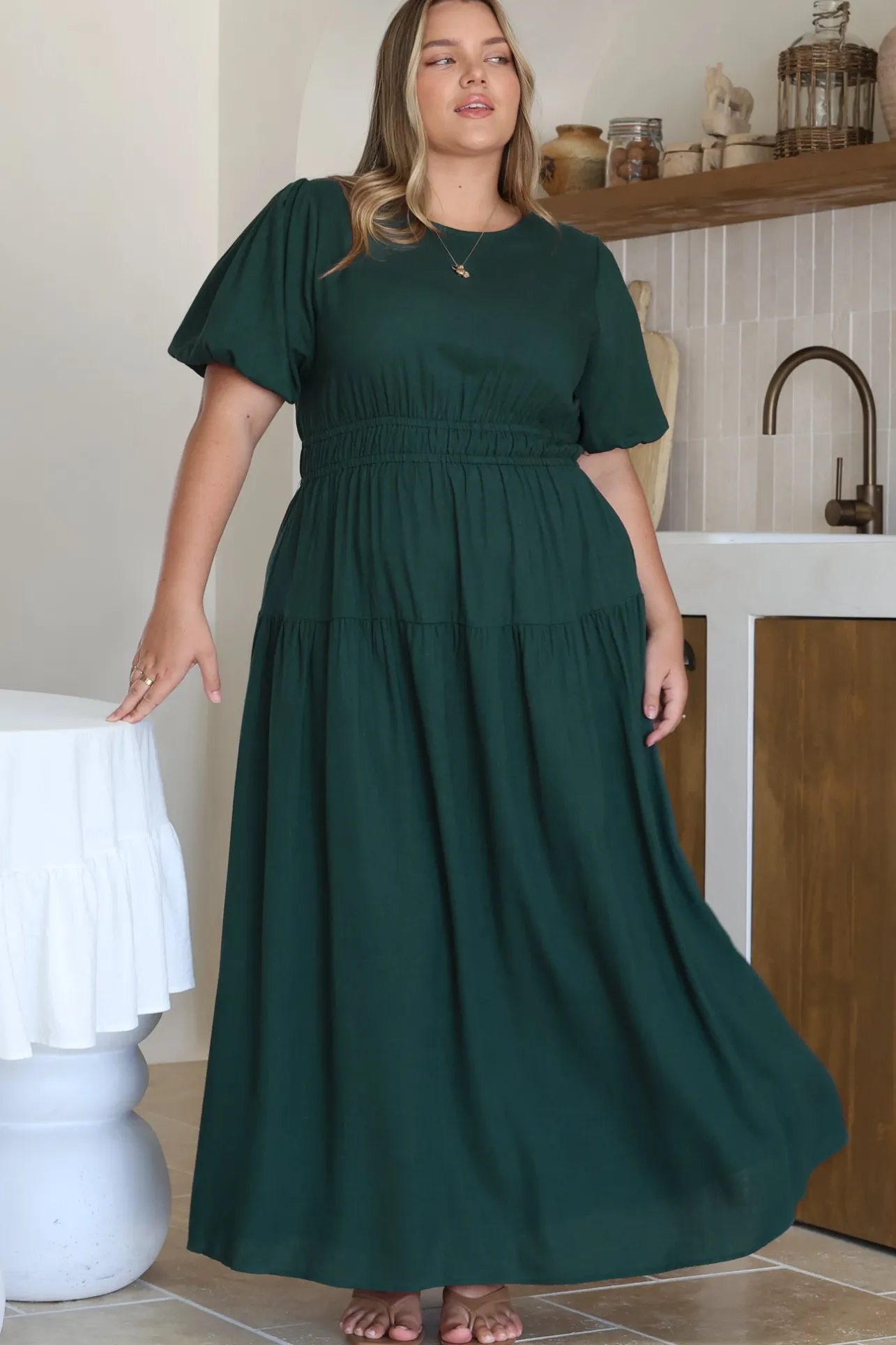 Maeana Maxi Dress - Short Balloon Sleeeve Elasticated Waist A Line Dress in Emerald>Salty Crush Sale
