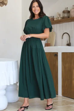 Maeana Maxi Dress - Short Balloon Sleeeve Elasticated Waist A Line Dress in Emerald><noscript><img width=